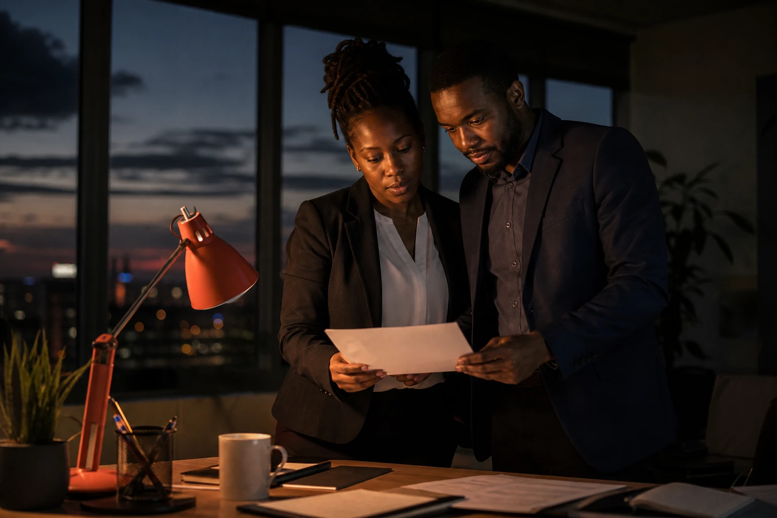 Two MazeTech consultants reviewing a document in an evening office