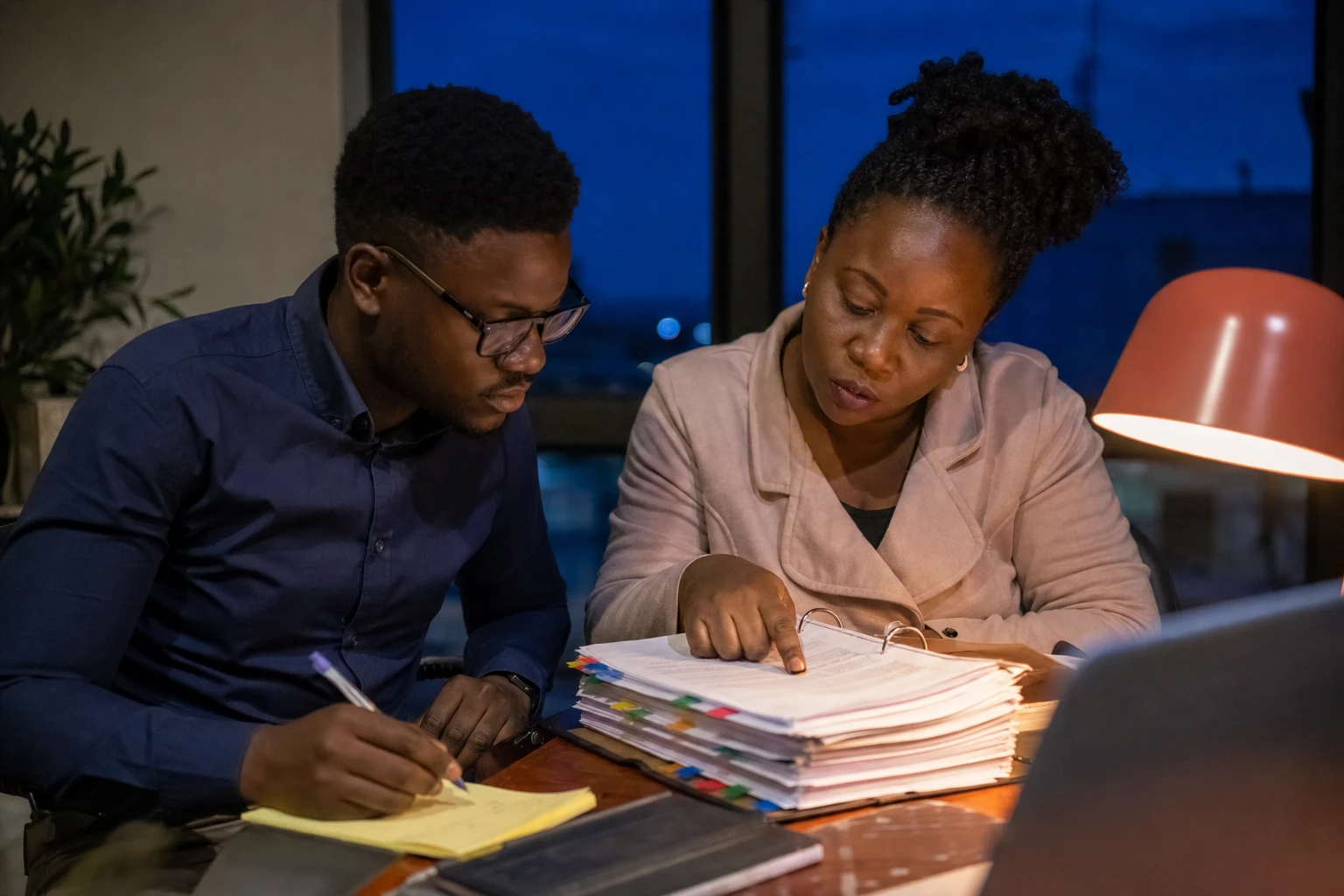 A consultant and an administrator working through a binder of records together