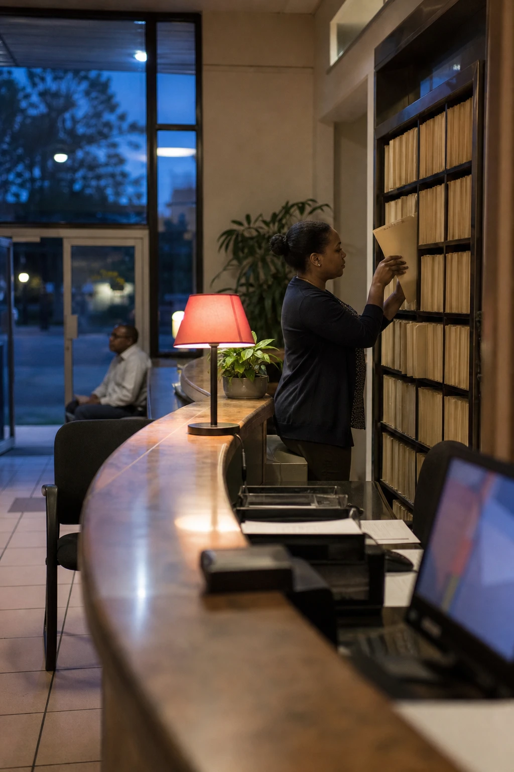 A clinic receptionist filing a patient folder